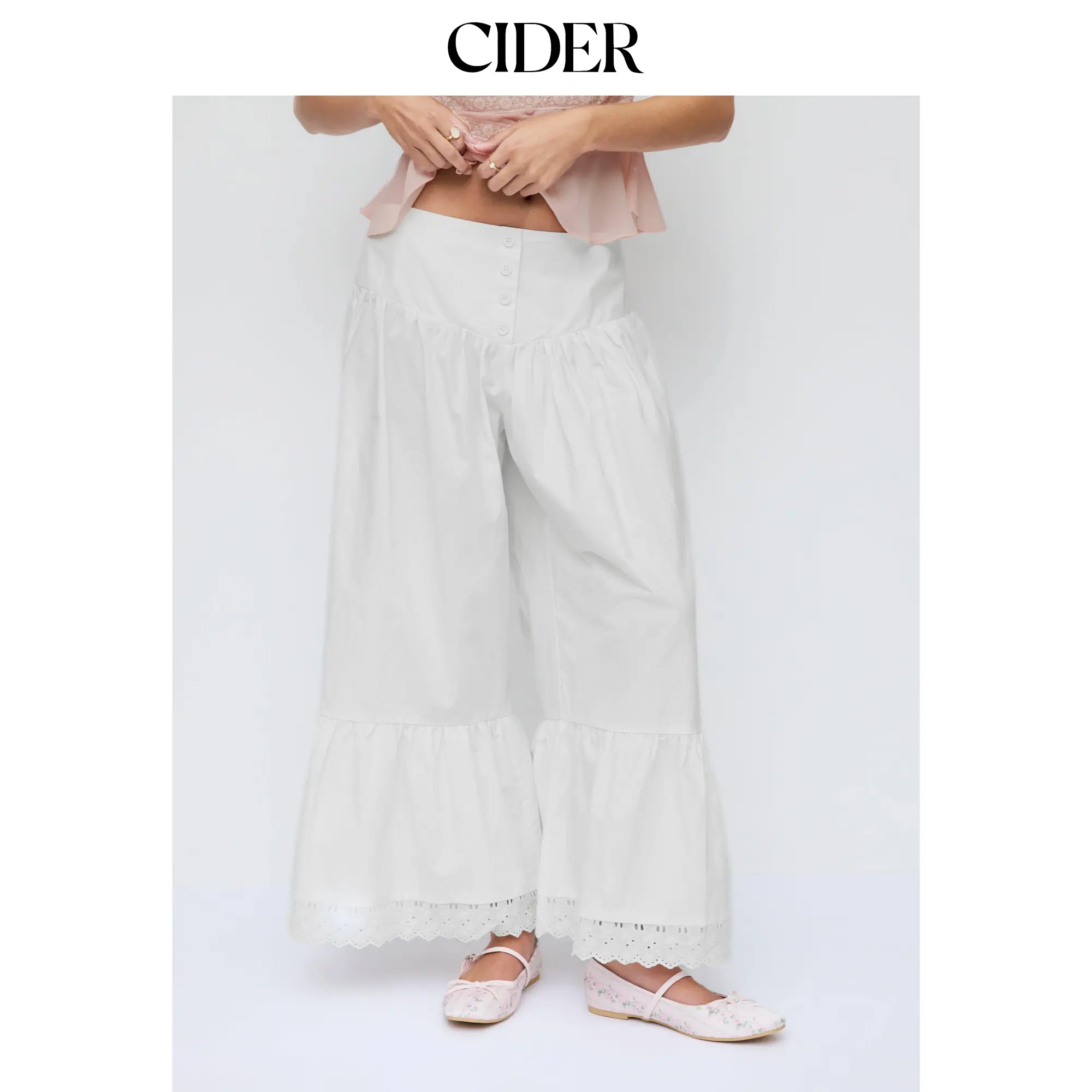 Cider Cotton-blend Mid Rise Lace Trim Ruffle Wide Leg Trousers
