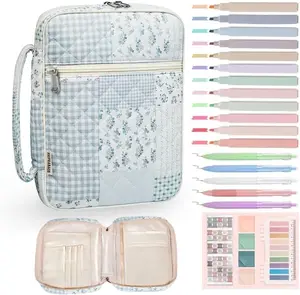 Quilted Bible Cover Case for Women with Bible Study Supplies Journaling Kit Floral Bible Bag Carrying Case with Pastel Highlighters Tabs, Women Christmas Christian Gifts (Green Blue Pin, M) outdoorfun