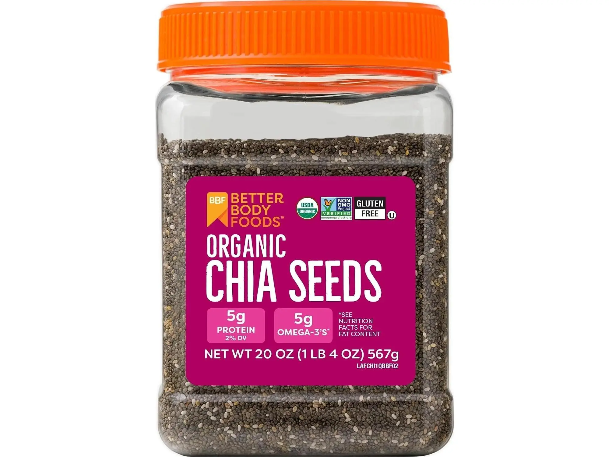 BBF Organic Chia Seeds 32 Oz, Omega-3 & Fiber, Pudding, Smoothies, Oatmeal | High Fiber Chia Seeds, Omega 3s, Plant-Based Protein, Overnight Oats, Egg Replacement for Baking, BetterBody Foods