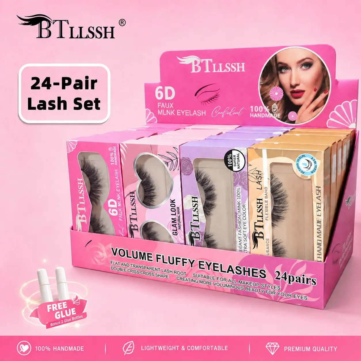BTLLSSH 24 Pairs 6D Fluffy Strip Lashes, 14mm 16mm 18mm Mixed Lengths, Reusable Voluminous False Eyelashes, Soft & Wispy Fake Lashes for Daily Makeup, Parties & Weddings