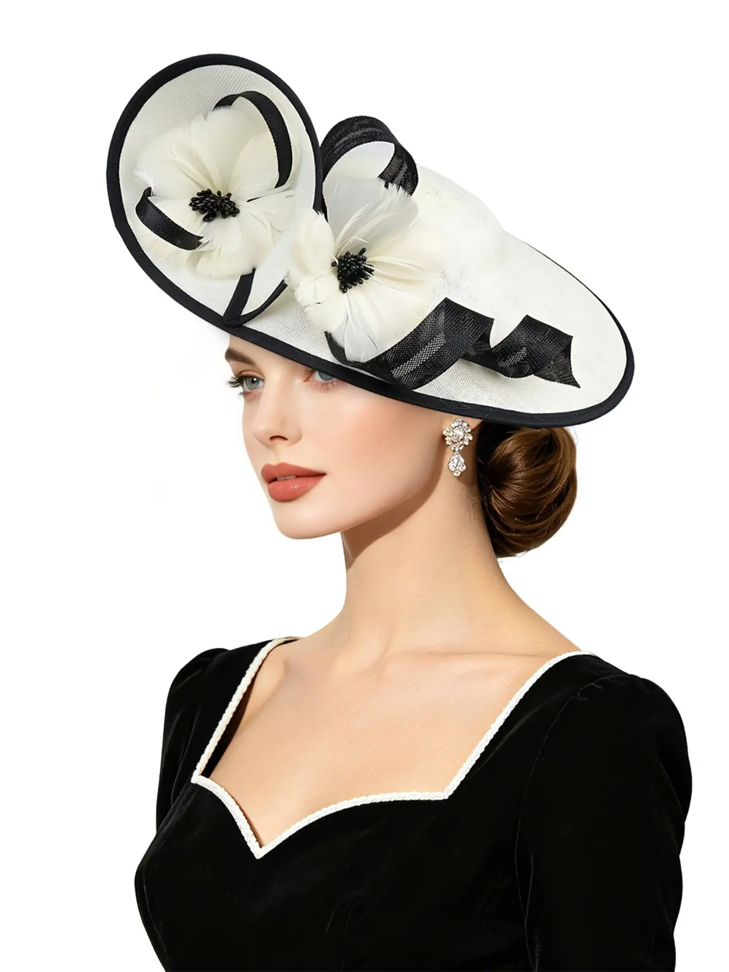 Women's Lace Feather Wispy Round Hat, Wedding Tea Party Accessory, Bridal Accessory, Halloween Carnival Race Day Costume Headpiece, Includes Hair Clip,Applicable for Halloween, Carnival, and Horse Racing Day headwear