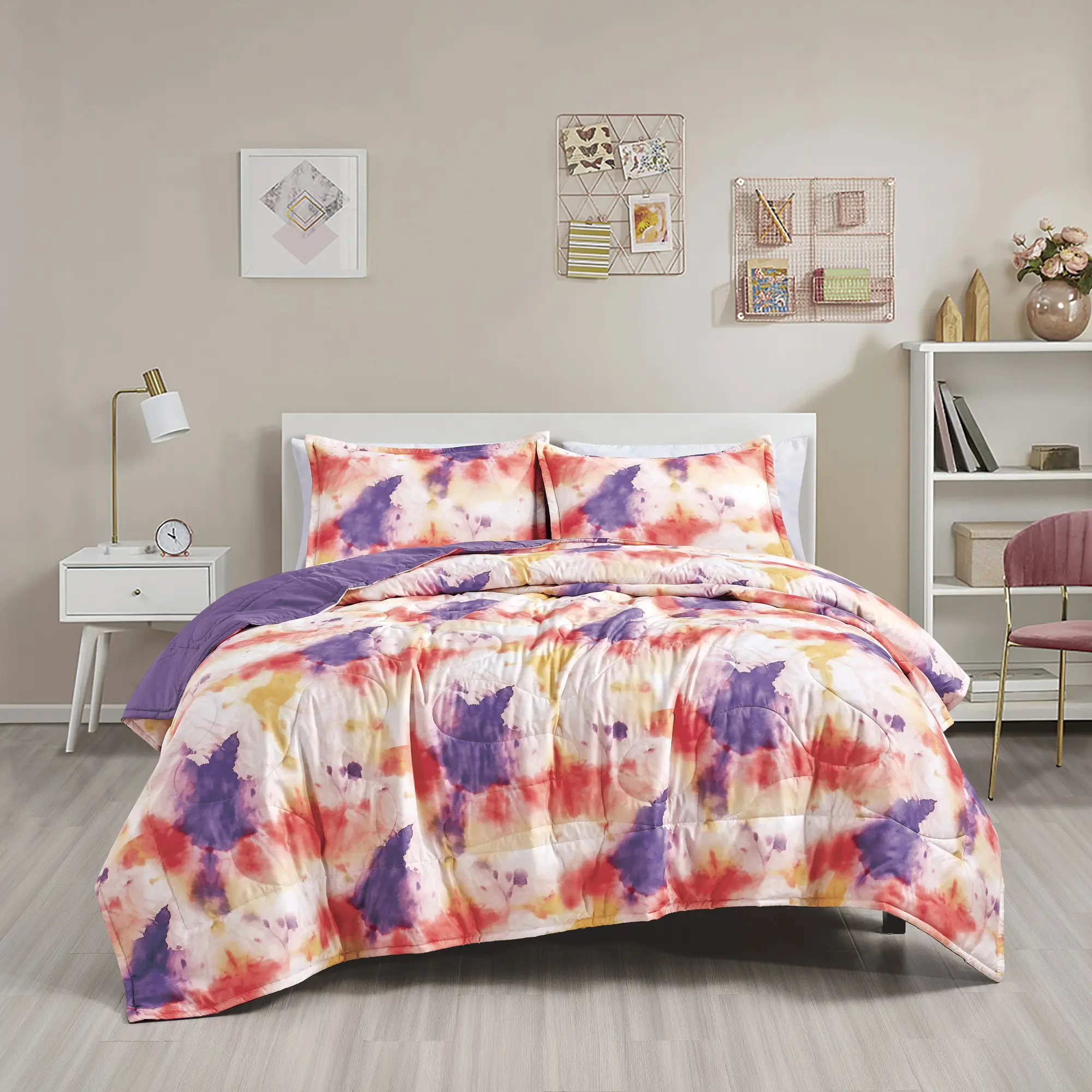 3-Piece Pastel Purple Bedspread Set Abstract Red QuiltBohemian Style Tie-Dye Reversible Quilt Set