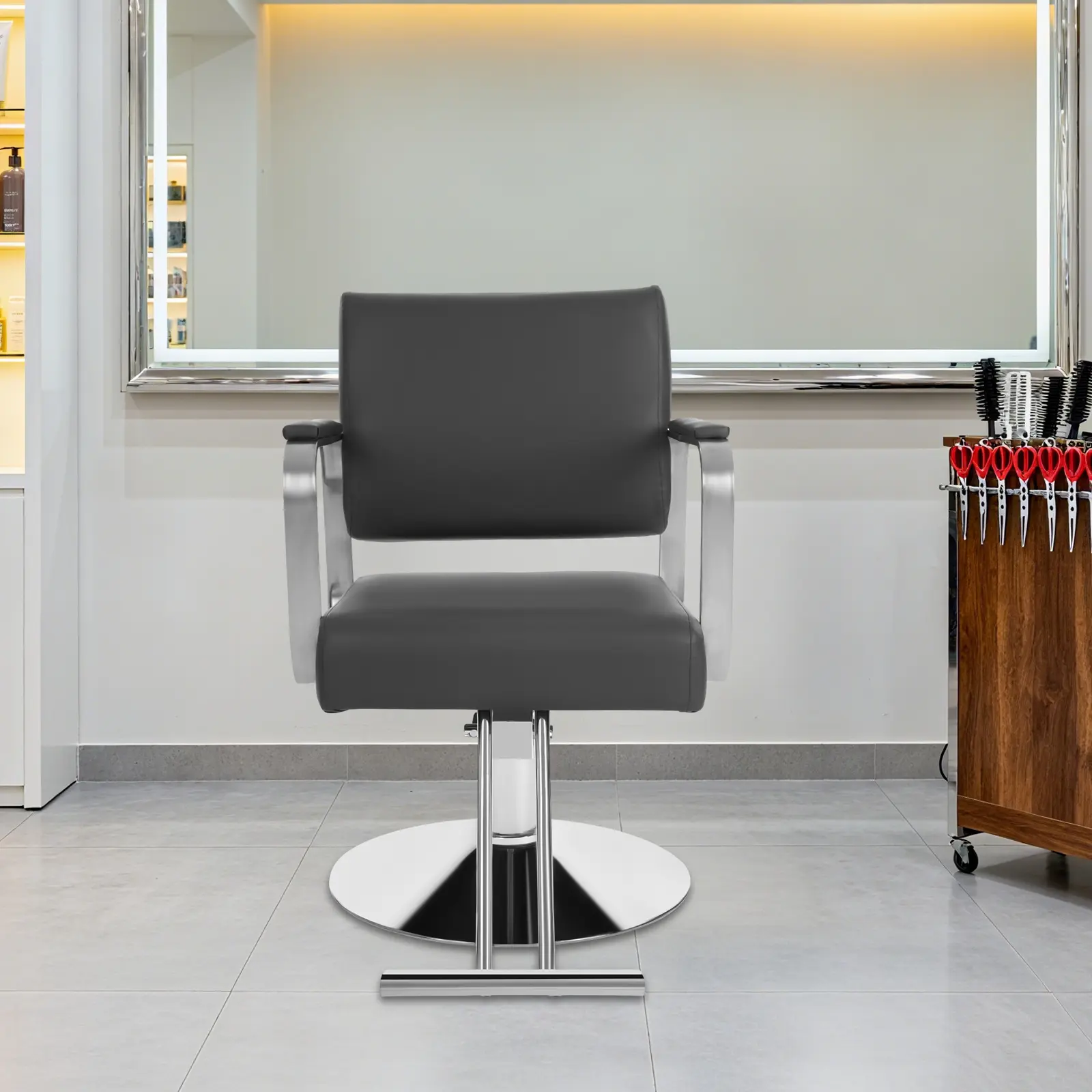 Modern Commercial Salon Barber Chair, 200kg Capacity, 360° Swivel, 81-90cm Height-Adjust (19.7in Range), Black Silver PU Leather & Carbon Steel Freestanding Beauty Stool