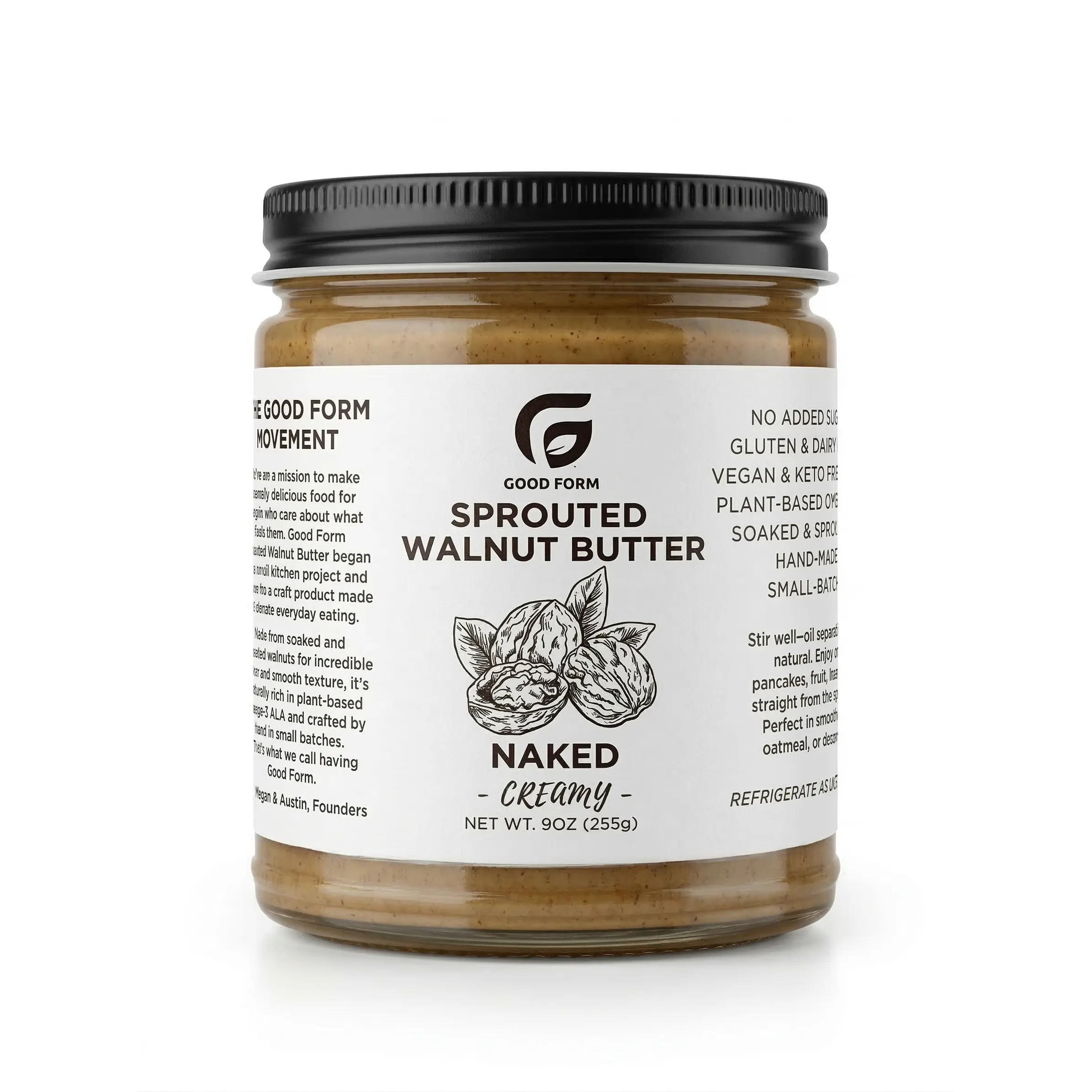 Good Form Foods Sprouted Walnut Butter Naked Creamy & Crunchy - 9oz - No Sugar Added - Rich in ALA Omega-3s - Vegan & Gluten-Free - Made in US