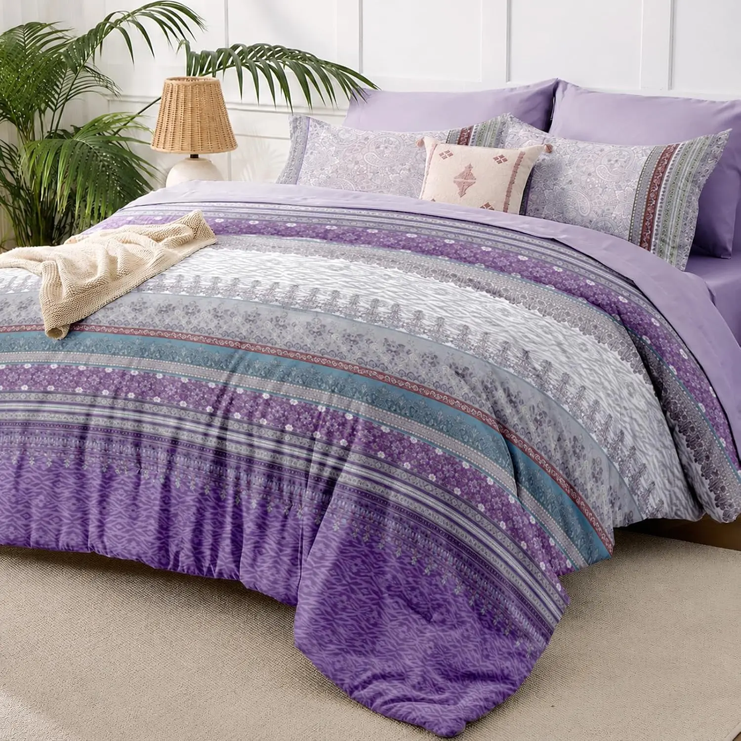 JOLLYVOGUE Queen Comforter Set 7-Piece, Boho Bed in a Bag, Wisteria Purple | Printed Bedding Set, All-season, Double Brushed, Ultra-Soft Microfiber, Down-alterniative, OEKO Certified
