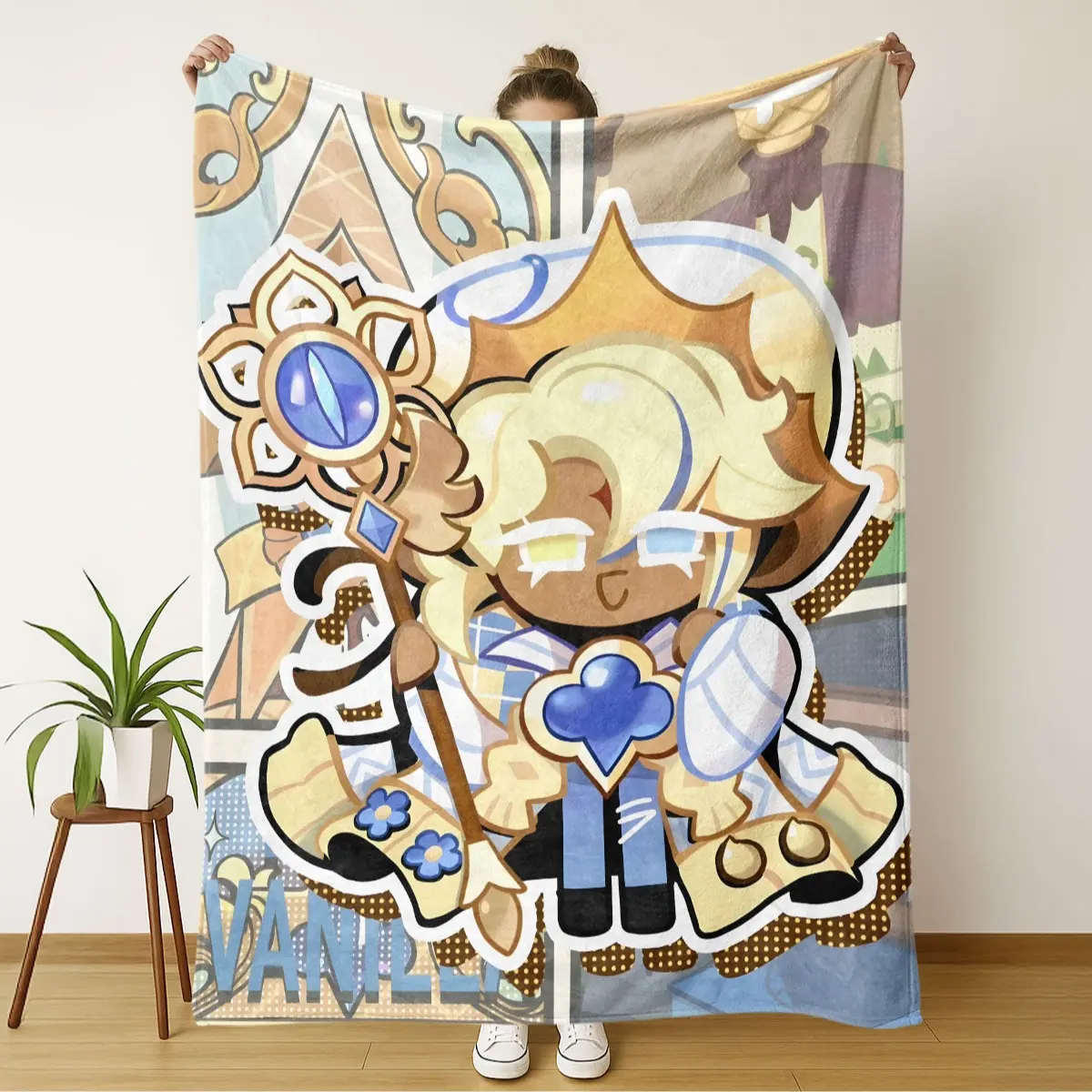 Cartoon Vanilla Cookie Theme Flannel Blanket, Soft Comfortable Warm Nap Throw, Perfect Gift for Home Office Travel Camping Use
