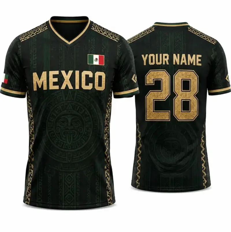 Personalized Mexico Aztec Calendar Soccer Jersey, Custom Name and Number Mexican Football Shirt, Black and Gold Mexico Heritage Jersey, Mexican Flag Sportswear, Gift for Soccer Fans