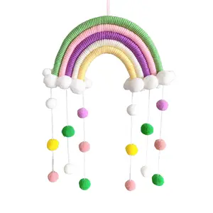 Hand-Woven Rainbow Wall Hanging Decoration, Rainbow with Pom Pom Ball Wall Hanging Garlands for Kids Room, Baby Shower Party Supplies（Pink）