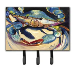 212 MAIN Blue Crab Metal Hook Leash & Key Holder - Home Decor Hanging Wall Organizer, Hardboard Tile with Triple Hangers for Entryway Storage