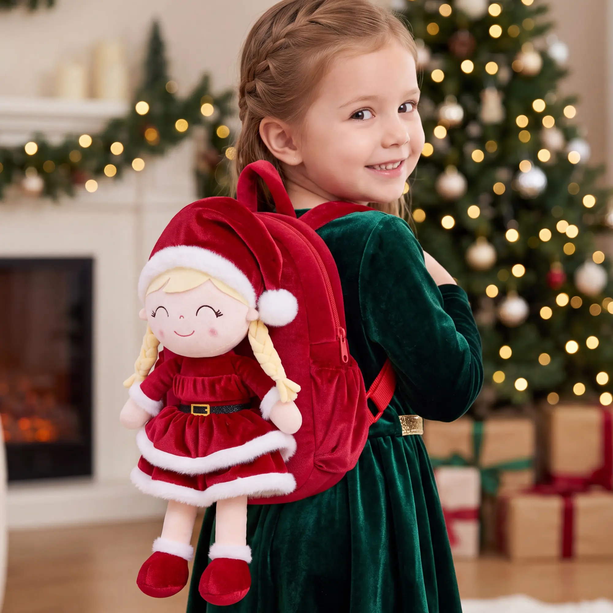Gloveleya Christmas Toddler Backpack with Detachable Santa Plush Doll, 11" Soft Stuffed Toy Bag, Cute Holiday Preschool Travel Daypack, Christmas & Birthday Gift for Little Girls