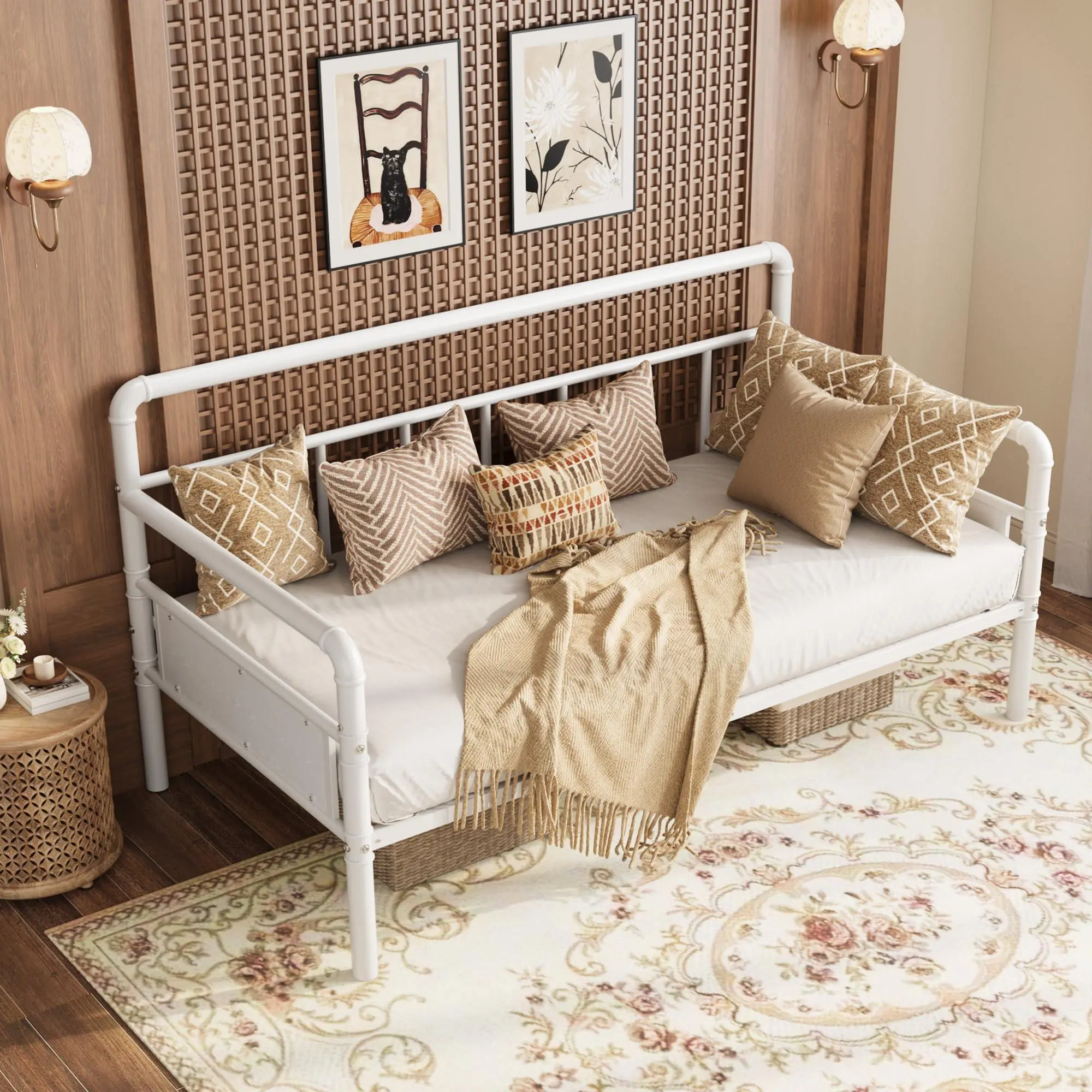 Metal Daybed Frame Twin Size,Twin Day Bed with Wooden Headboard | Metal Trundle Bed Frame,Heavy Duty Steel Slat Support,Space Saving,For Living Room,Bedroom,Guest Room,Easy Assembly,White