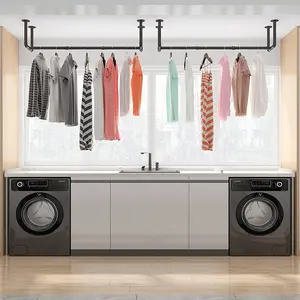 [ManyDFYu]40 inch Wall Mounted Garment Rack IndustrialStyleDecor Heavy Duty Steel Pipe Closet Organizer with 4 Bases Black Space Saving Clothes Rack for Laundry Room Metal Accessory Hanger Installation - Hangable