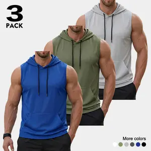 3-Pack Men's Sleeveless Hooded Tank Top Drawstring Hood Kangaroo Pocket Breathable Quick Dry Gym Workout Running Top