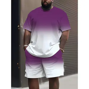 Men'S Plus Size 3D Digital Print Short Sleeve & Drawstring Shorts Set - Purple to White Gradient, Casual Sportswear, Polyester Blend, Comfort Fit, PLUS SIZE