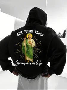 Men's Oversized San Judas Tadeo Religious Hoodie - Screen Printed "Siempre a mi lado" Quote & Saint Graphic, Soft Organic Cotton Blend Fabric, Long Sleeve, Relaxed Fit for Daily Casual Religious Gatherings Weekend Hangouts, Durable Fade-Res Sweatshirts