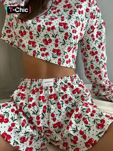 Women's Striped Long Sleeve Top Side Split Elastic Shorts Pajama Set Casual Loose Fit for Spring Fall Fashionable Young Ladies Clothing Womenswear Pajama Set