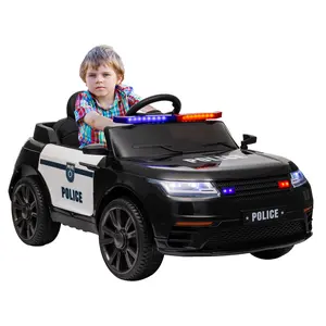 Qaba 12V Electric Car for Kids, Battery Powerd Kids Car Police Car with Remote Control, 4 Spring Suspension Wheels, Transport Wheel, Siren, Music, Light, Horn, Black