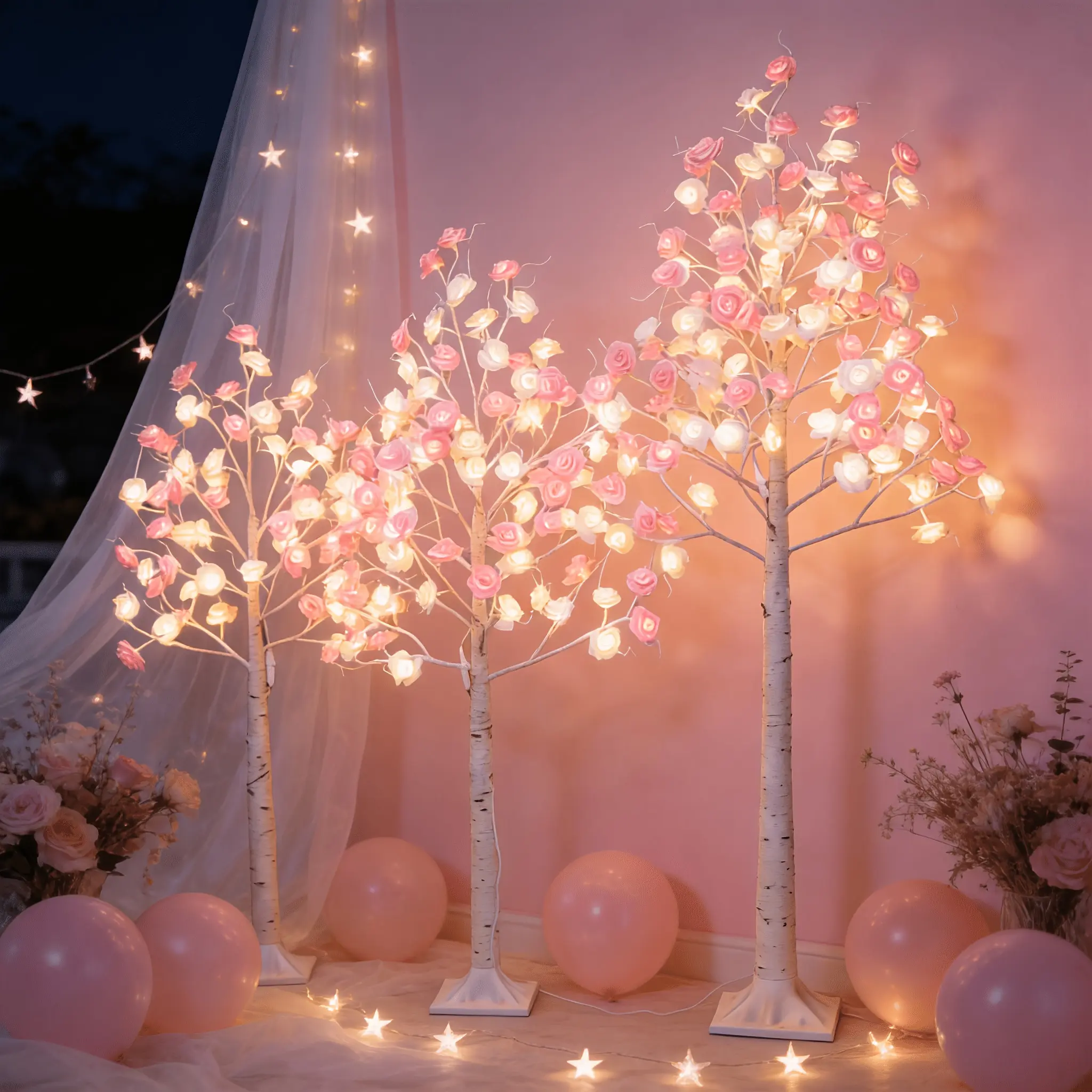 USB Powered LED Rose Tree Floor Lamp (1 Pack), 4ft/6ft/8ft Waterproof Outdoor Decorative Lights, Birch Textured Branches with Pink White Rose Flowers, Romantic Ambiance Lighting for Wedding Party Home Decor