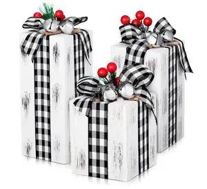 3 Pcs Christmas Wooden Gifts Box Decor Christmas White Black Plaid Presents Table Centerpieces Rustic Wooden Gifts Tiered Tray Decor with Buffalo Plaid Bowknot for Xmas Party Decor