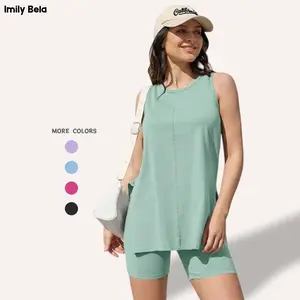 Imily Bela Women's 2-Piece Fitted Athletic Set - Sexy, Casual, Stretchy, Elastic, Lightweight, Minimalist Cotton Sleeveless High-Low Split Hem Tank Top & Long Biker Shorts, Spring Lounge Tracksuit