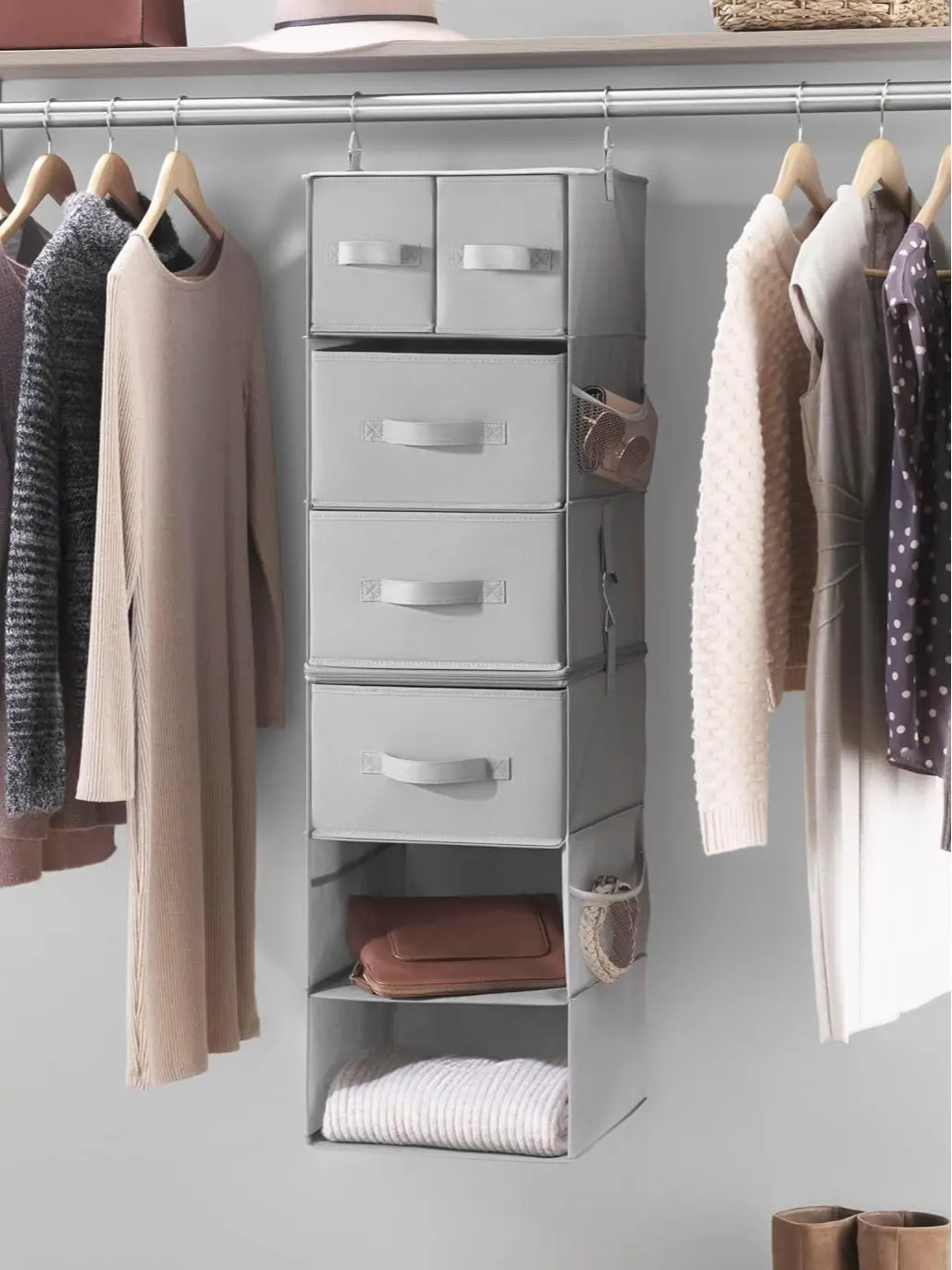 Whitmor 5-Section Multi-Functional Hanging Organizer - 5 Easy-Access Shelves, Drawer Inserts, Breathable Fabric, Additional Strength & Support, 10.75 L x 10 W x 35 H Inches, Assembly Required for Closets, Clothing Storage, Playroom