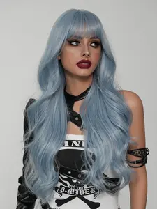30 Inch Extra Long Body Wave Blue Highlight Wigs for Women, Gorgeous Fluffy Curly Wigs with Bangs, Wavy Wigs, Water Wave Wigs, Synthetic Full Machine Wigs for Girls Party Wear, Valentine's Day Streetwear,Halloween Cosplay Use