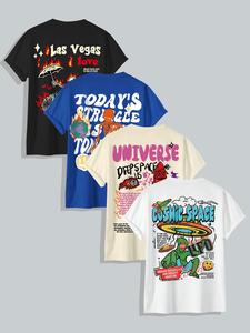 men's cartoon letter print round neck tee, back to school regular fit casual soft comfortable short sleeve t-shirt for daily wear, summer tees, t shirts for men, fashion men's top for summer streetwear, men's t shirts