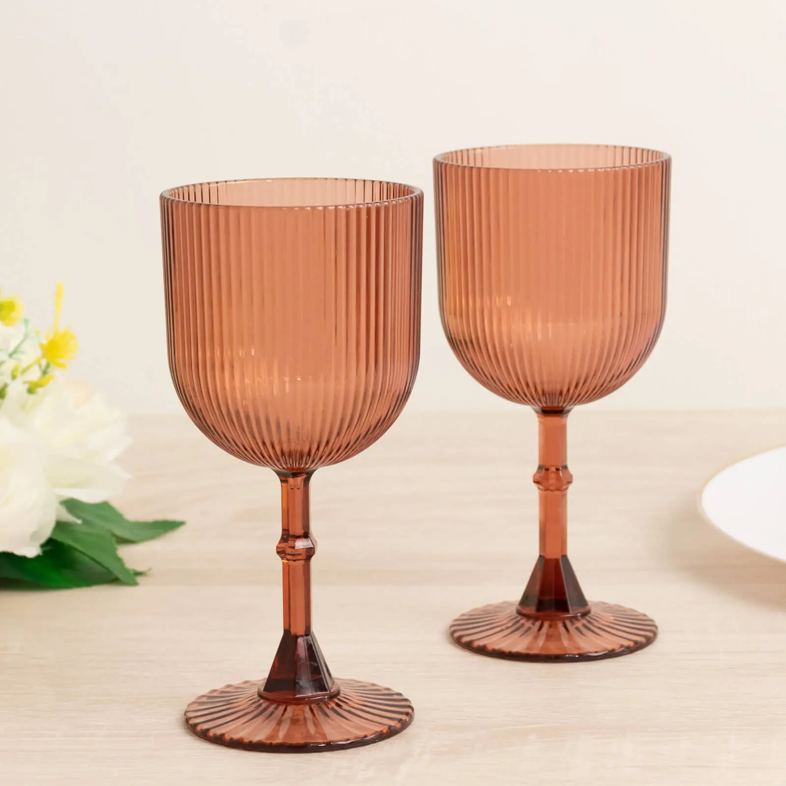 12-Pack Shatterproof Dusty Rose Plastic Wine Glasses - 9oz Vintage Ribbed, Durable Transparent Reusable Goblets for Birthday, Dining, Party