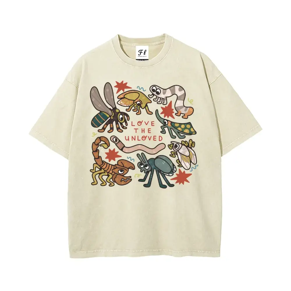 Oversized Unisex Batik Cotton Graphic T-Shirt - "Love The Unloved" Insect Lover Design, Short-Sleeve, Casual, Super Soft Pre-Shrunk Fabric, Menswear Streetwear Fit, Shortsleeve, Retro, Round Neck, Vintage