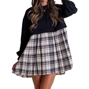 Women Autumn Short T-shirt Dress Long Sleeve Round Neck Plaid Print Patchwork Dress