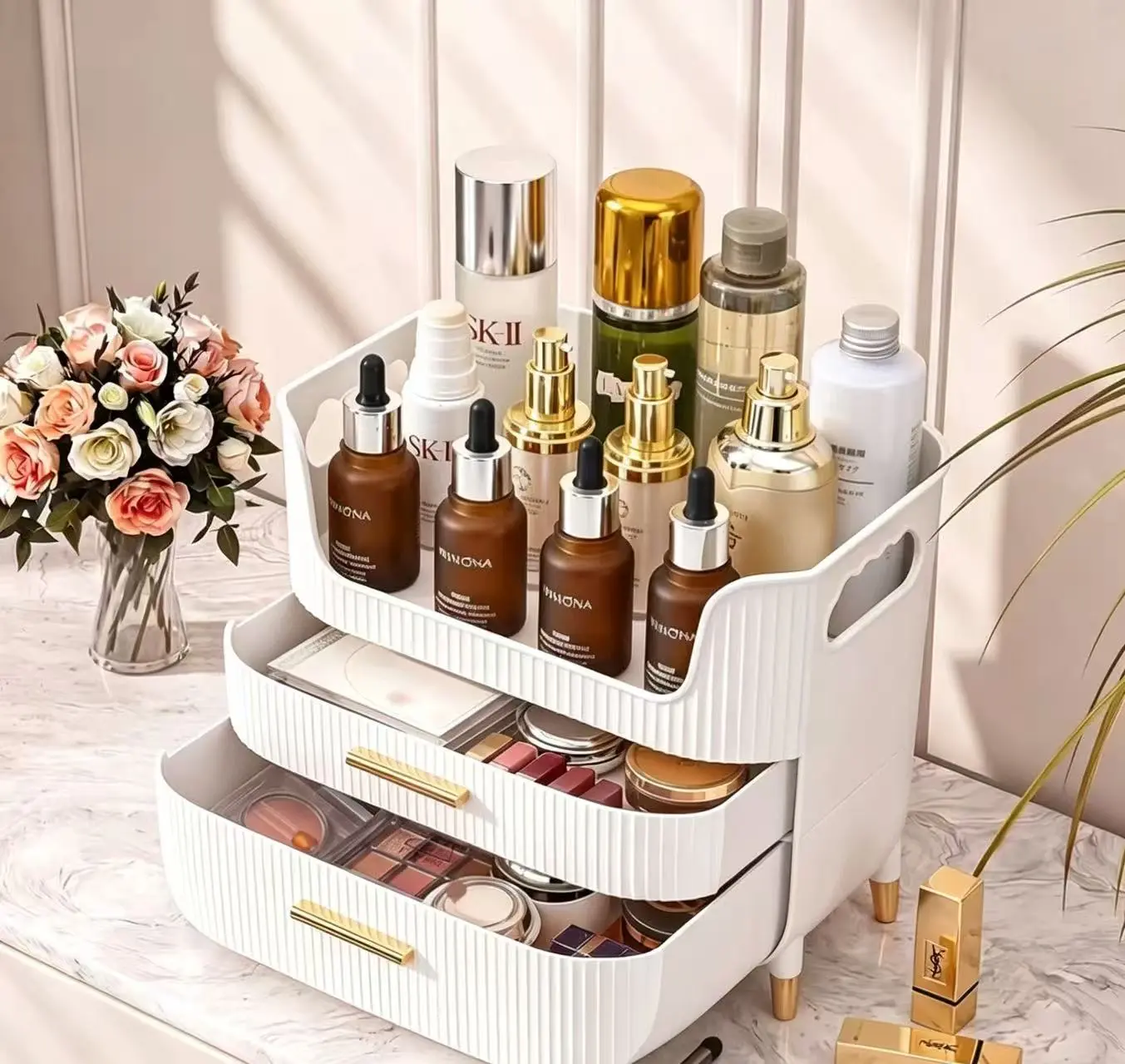 Makeup Organizer with Drawers & Handle, Large Skincare Storage Box for Vanity Dresser Countertop