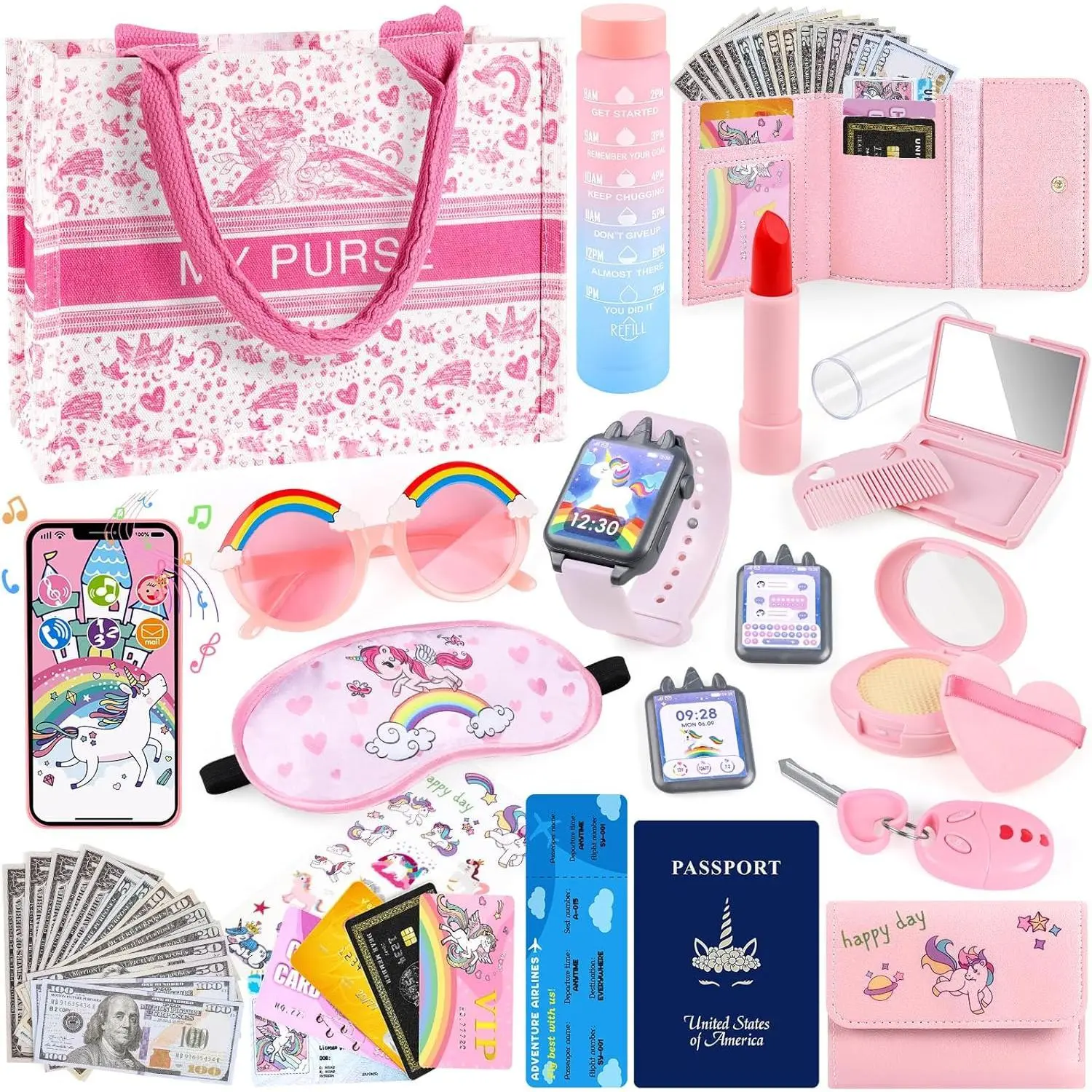 KF5-CPB12  Play Purse for Little Girls, 35PCS Toddler Purse with Pretend Makeup for Kids, Princess Toys Includes Handbag, Phone, Wristwatch, Kids Toy Christmas Birthday Gift for Toddler Girls 3 4 5 6 +