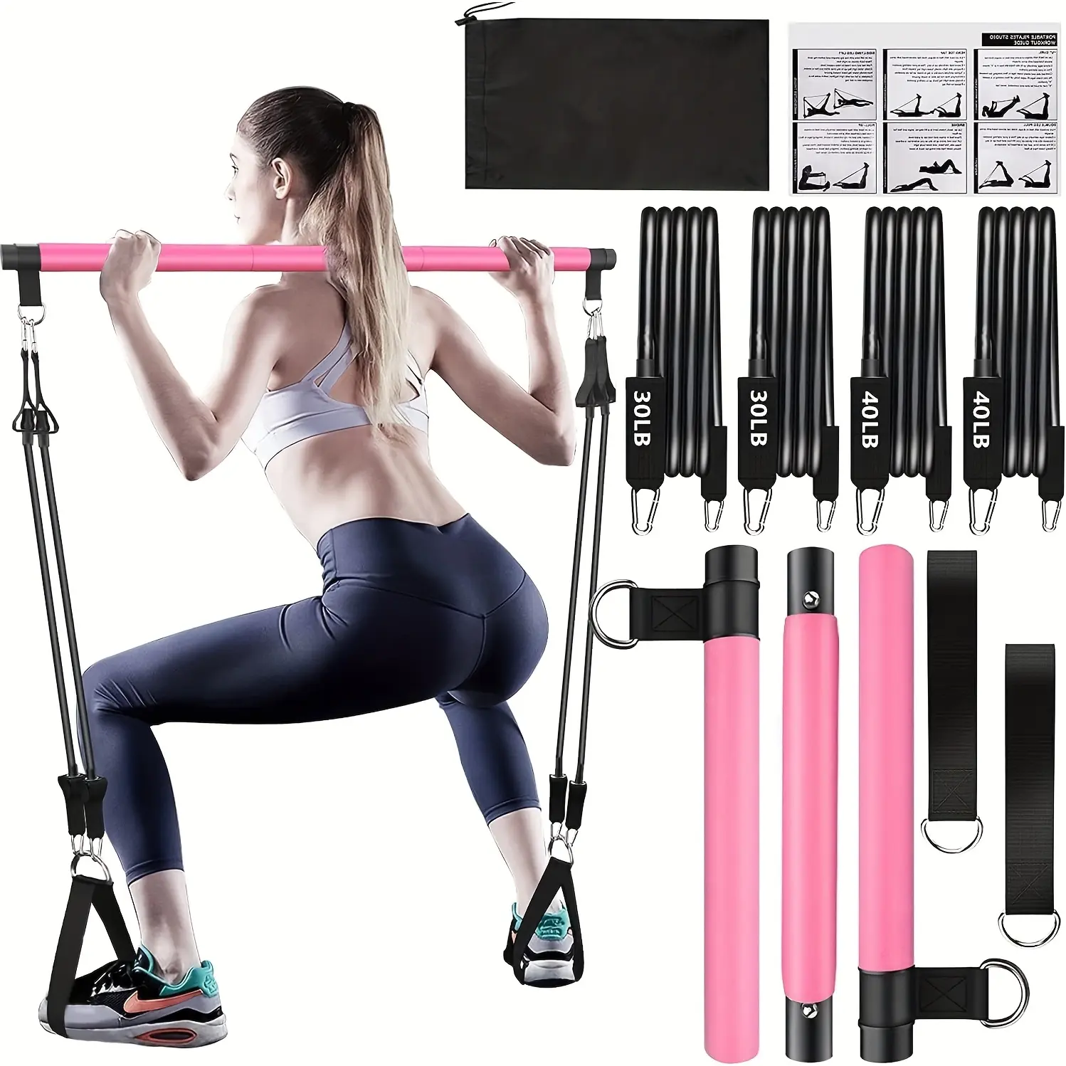 8-Piece Pilates Bar Kit with 4 140 lbs Resistance Band Sets - Portable At-Home Gym Exercise Equipment, Multi-Exercise Set with Ankle Straps & Drawstring Backpack for Men & Women Workouts, Summerwins, Father's Day Gifts