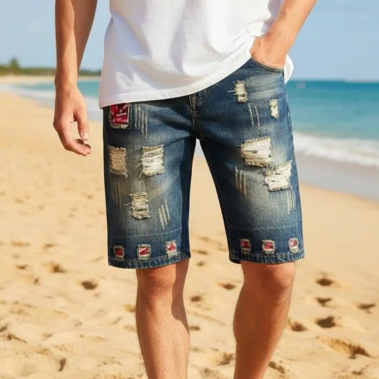 Men’s summer plus-size retro non-stretch trendy distressed patchwork color-block straight-leg Bermuda shorts; fashionable bright patches; mid-rise design; outdoor/daily wear; versatile casual fit; elongating and slimming; commuter-friendly.
