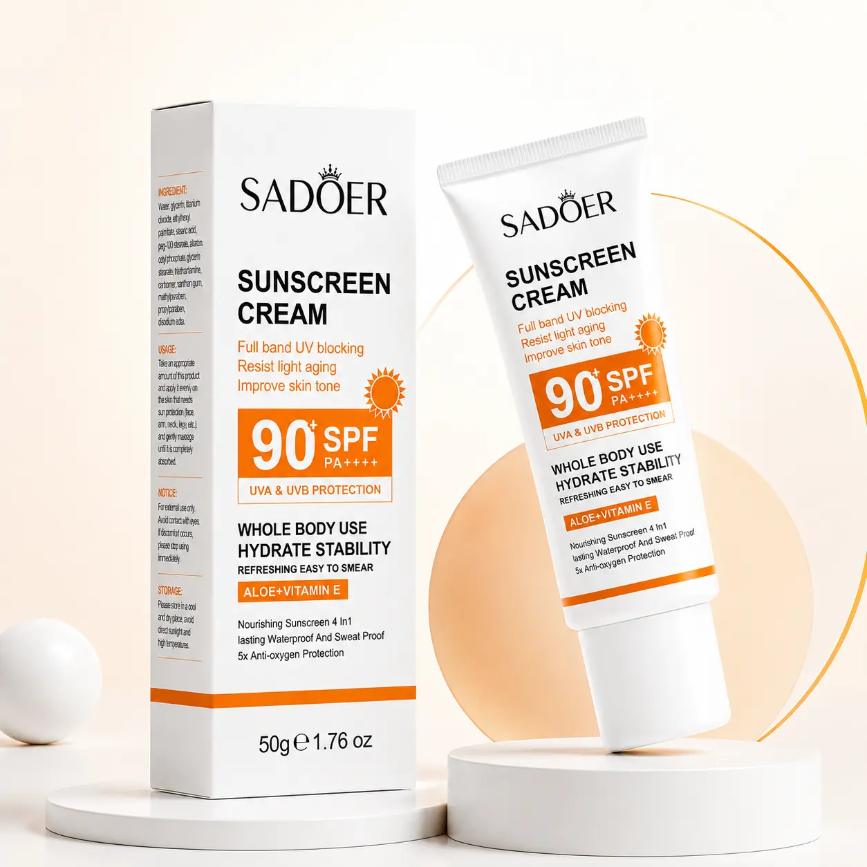 SADOER SPF90 PA+++ Sunscreen Cream, UVA UVB Broad Spectrum Protection, Waterproof Sweatproof Hydrating Sunblock, Gentle Moisturizing Face & Body Sunscreen for Daily Commute Beach Outdoor Sports