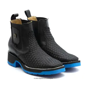 MEN'S BLUE DOUBLE DENSITY SOLE WIDE SQUARE TOE PETATILLO BLACK LEATHER BOOT-H42MT3105A