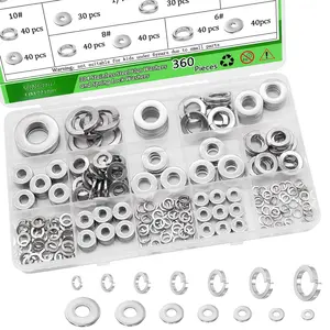 360 count Flat Washer and Spring Lock Washers Assortment Kit,7 SAE Sizes Washers for (1/2, 3/8, 5/16, 1/4, 10#, 8#, 6#),304 Stainless Steel Lock Washers & Flat Washers for Screws