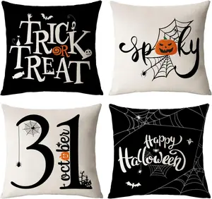 Neatee Living Halloween Pillow Covers 18x18 Set of 4 Trick or Treat Decorative Throw Pillows Cover Black Spider Webs Pillow Cases for Halloween Decor Cotton Linen Material Invisible Zipper Closure