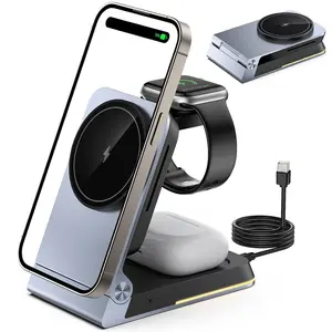 Aluminum 3 in 1 Wireless Charging Station, Foldable Wireless Charger for Magsafe with Light, Portable Travel Magnetic Charger Stand for iPhone 17/16/15/14, Watch, Airpod