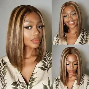 Seeget Highlight Ombre Short Bob Glueless Wigs Human Hair Ready To Wear Honey Blonde 4/27 Colored Straight Pre Cut 6x4 HD Lace Closure Wig For Women Pre Plucked 150%