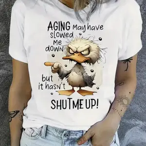 1pc Women's 100%25 Cotton T-Shirt with Duck Graphic Print & Humorous Slogan - Breathable Loose Fit Round Neck Short Sleeve Tee for Casual Wear, Outdoor Sports, Holiday Gift, Allseason Apparel |   Cartoon Design |   Knit Construction