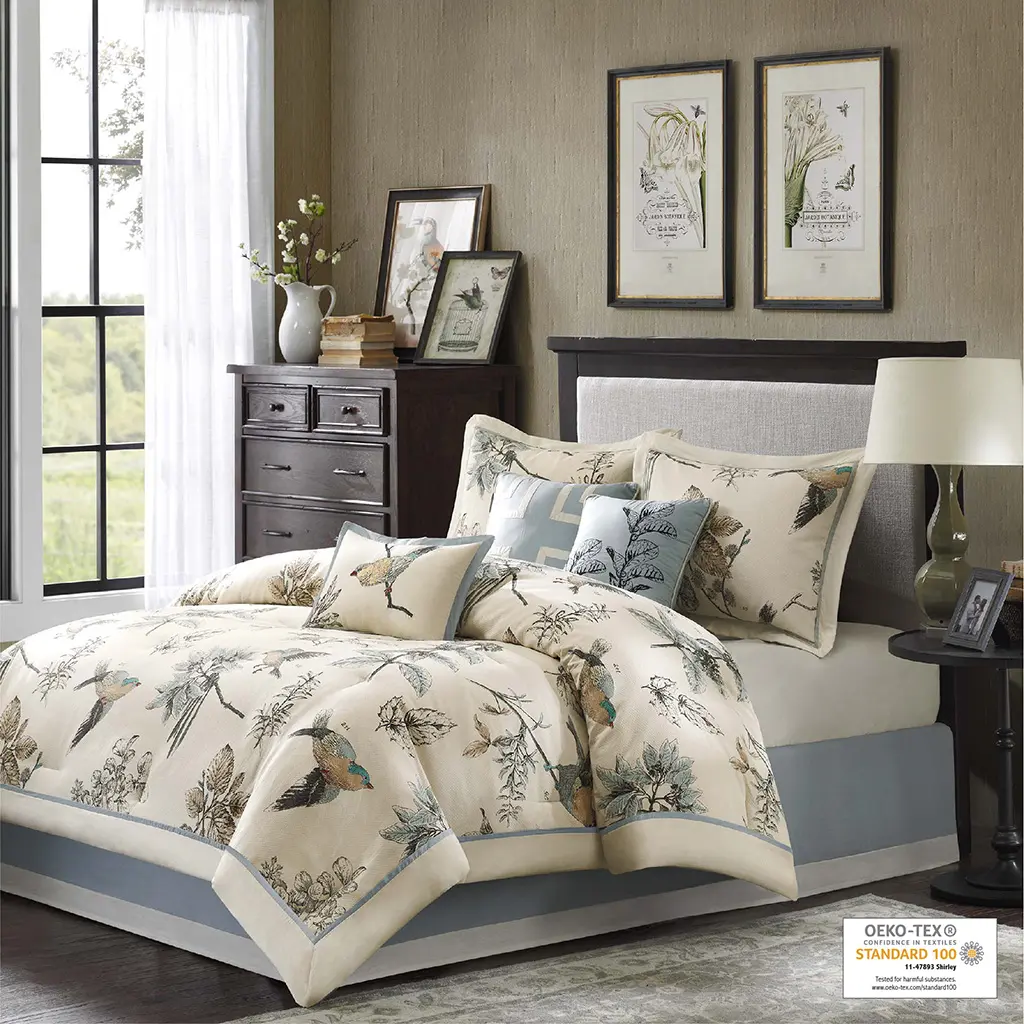 Queen Size 7-Piece Twill Weave Printed Cotton Comforter Set, OEKO-TEX Safe Leaf and Bird Print Country Vibe Quilt Bedding Set