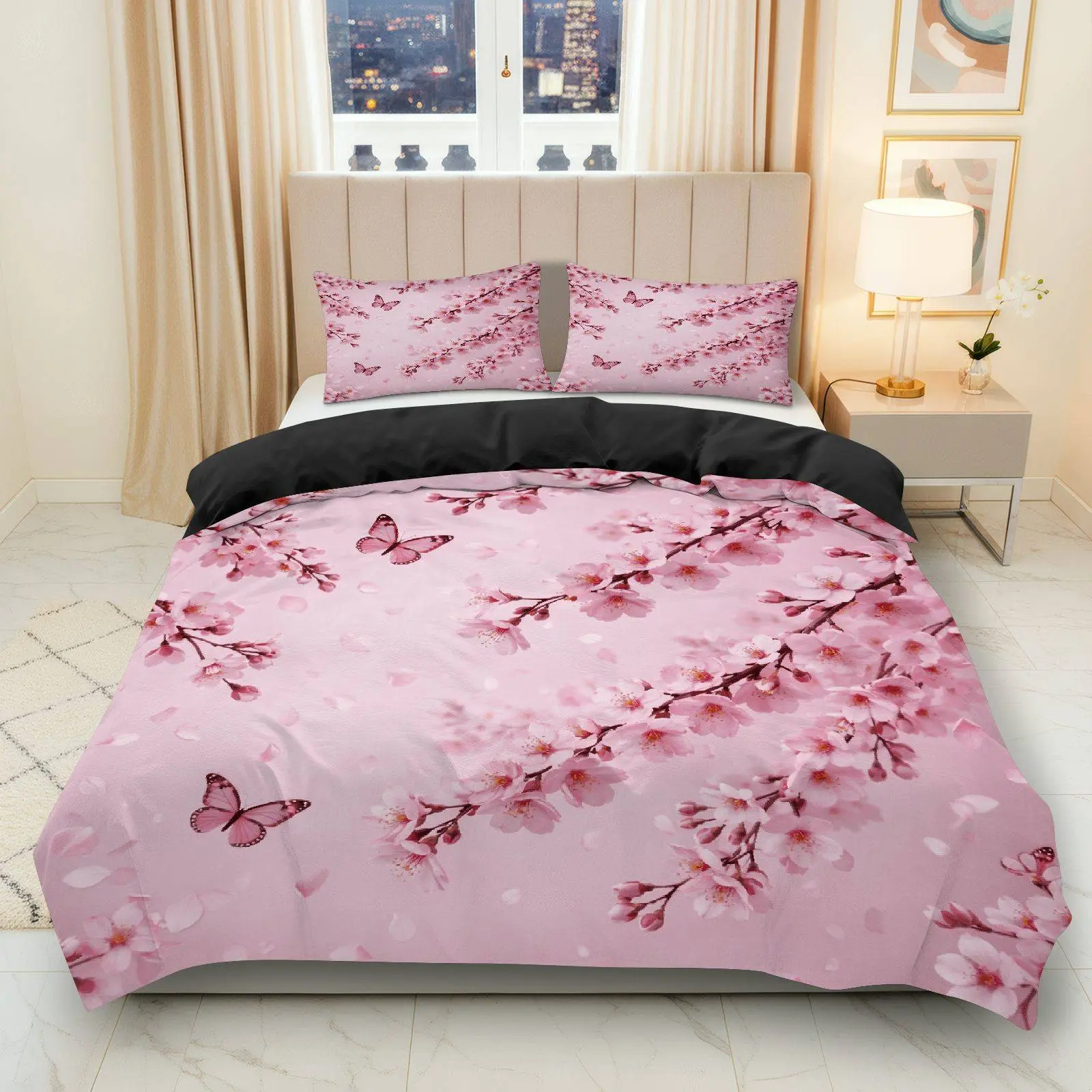 3PCS Duvet Cover Set, 1 Duvet+2 Pillowcases(Without filler), Cherry Blossom Butterfly Pink Spring Floral theme, Spring bedding set, Elegant Comfortable Suitable for bedroom hotel apartment guest room decoration.