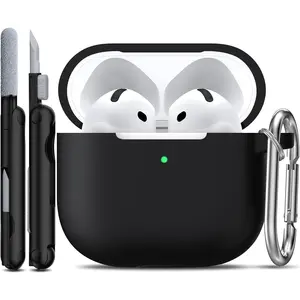 for AirPods 4 Case with Cleaner Kit,Full Protective Soft Skin Silicone Cover with Keychain for AirPods 4 Gen Case for Men Women,Compatible with Apple AirPods 4th Genaration case 2024,Black