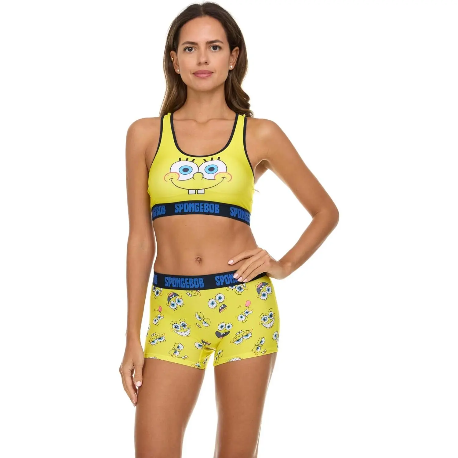 SpongeBob Women’s Sports Bra and Boxer Briefs Underwear Set with Racerback and Removable Pads