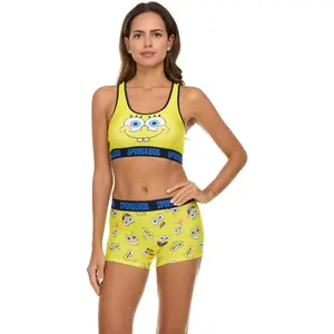 SpongeBob Women’s Sports Bra and Boxer Briefs Underwear Set with Racerback and Removable Pads