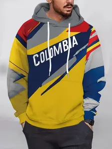 Men's Hoodie with Colombia Flag Design, Blue Block Print Casual Polyester Long Sleeve Fitted Pocket Lightweight Elastic