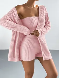 Women's Flannel Striped Pajama Set, Long Sleeve Jacket, Tank Top, Short Pants, Three-Piece, Casual Slim-Fit Home Wear