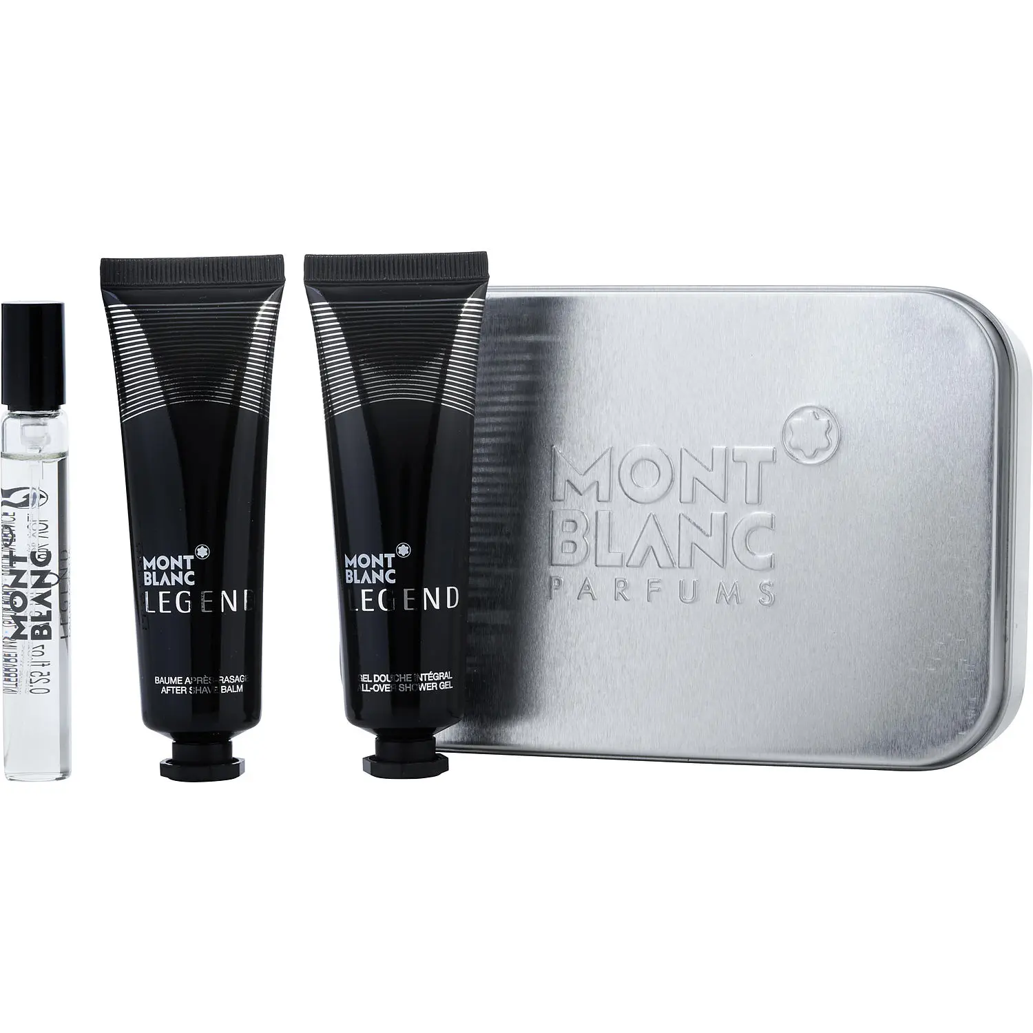Mont Blanc Legend Set-Edt Spray 0.25 Oz & Aftershave Balm 1 Oz & All Over Shower Gel 1 Oz & Tin Box For Men Mont Blanc Legend Set-Edt Spray 0.25 Oz & Aftershave Balm 1 Oz & All Over Shower Gel 1 Oz & Tin Box For Men