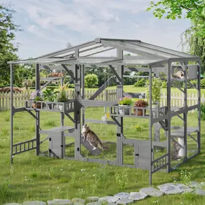 [Bellemave] Large Outdoor Catio for 6-10 Cats, Metal Cat Cage Outdoor with Weatherproof Roof, 6 Platforms, Climbing Ramp, 1 Resting Box and Cat Scratching Post, Outdoor Cat House with Storage Shelves